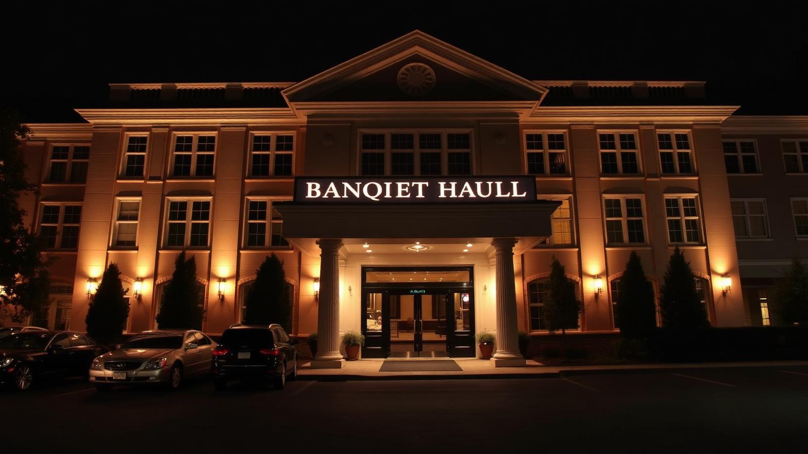 The Secret Lodges Banquet Hall exterior at night